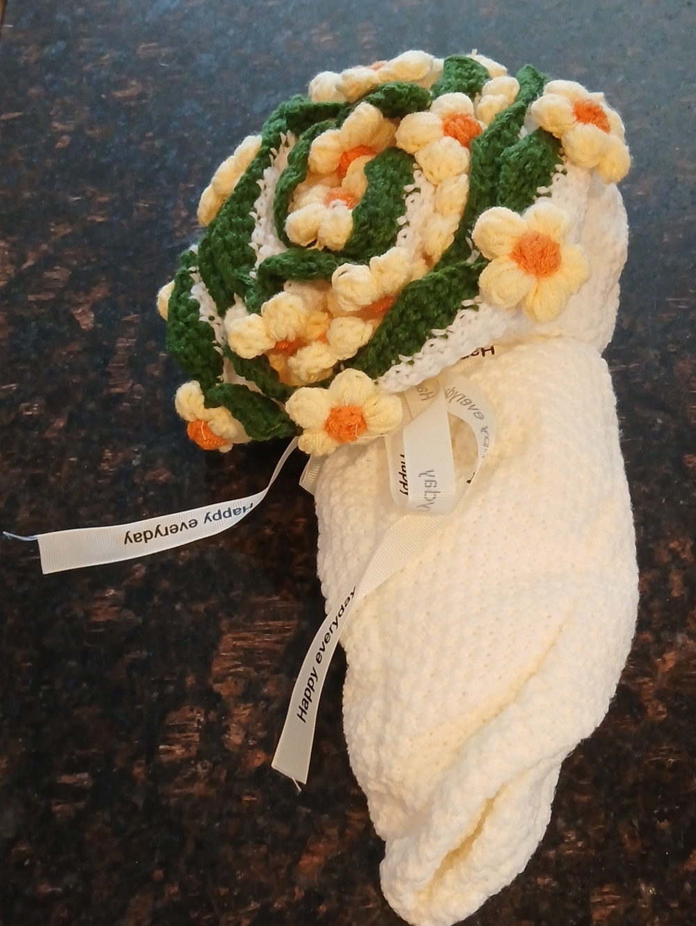 Cream and Green Crochet Flower Bouquet